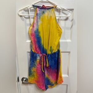 SHEIN Halter Sleeveless Short Neon Tie-Dye Drawstring Cami Romper Size S